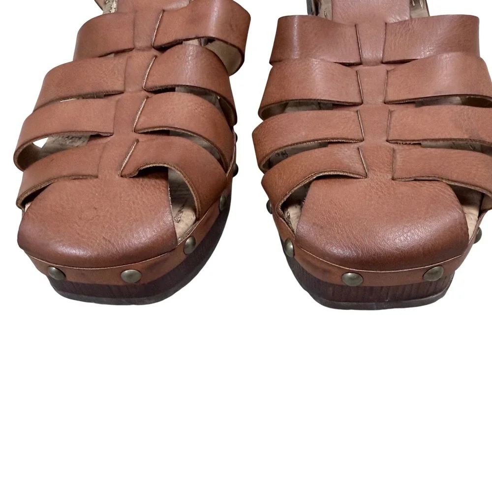Korks Brown Gladiator Platform Sandals Wood Block Heel Studded Strappy Clogs 10
